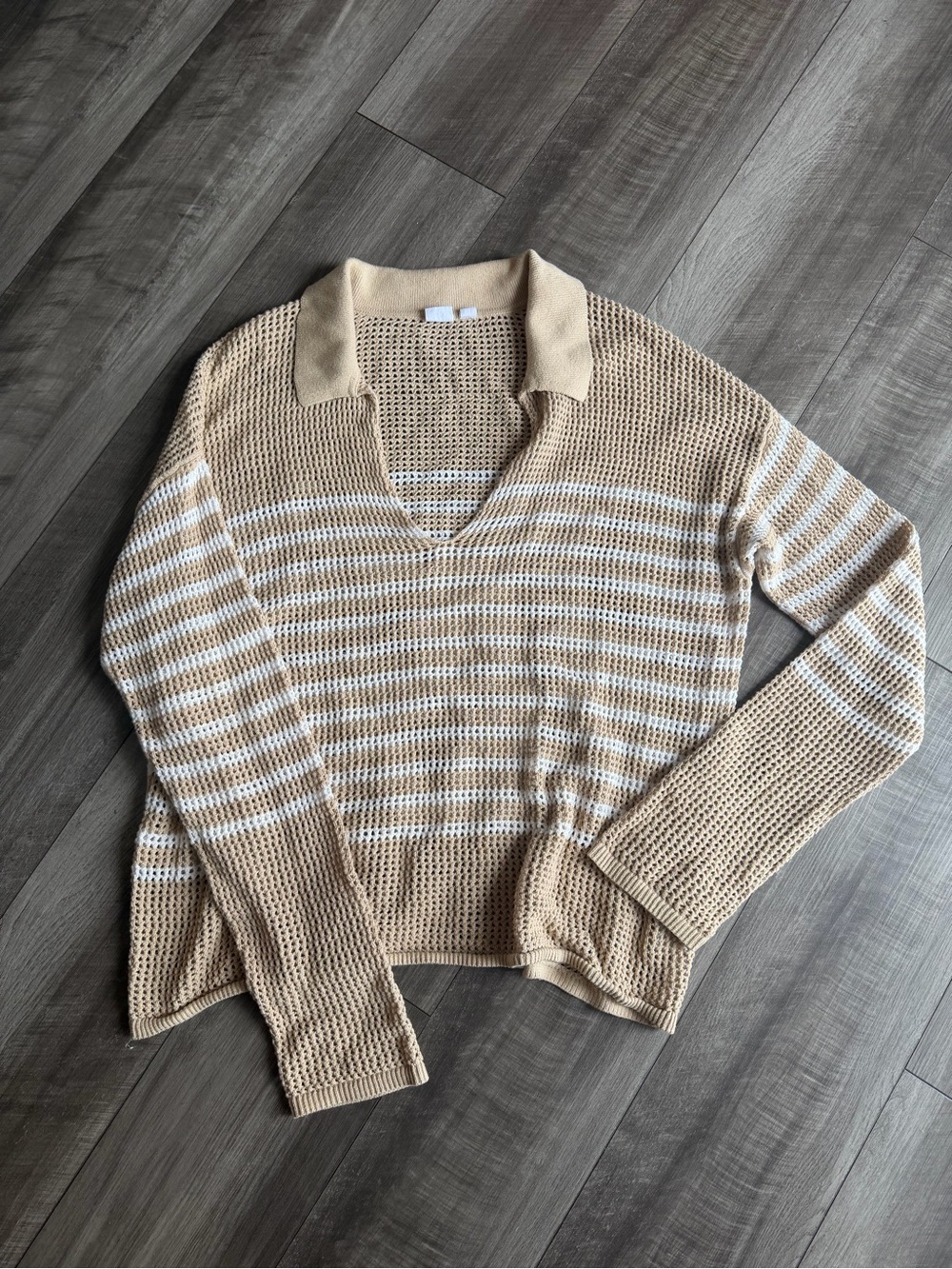 Gap Women’s Relaxed Striped Crochet Collared Sweater Brown White Cotton Sz L